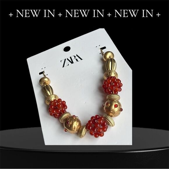 Zara Combination Bead and Stone Necklace Red and Gold - Picture 1 of 11